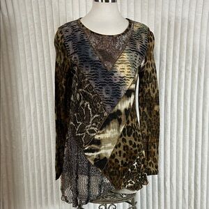 Vintage concept, long sleeve, artsy, patchwork, mixed animal, print tunic top M